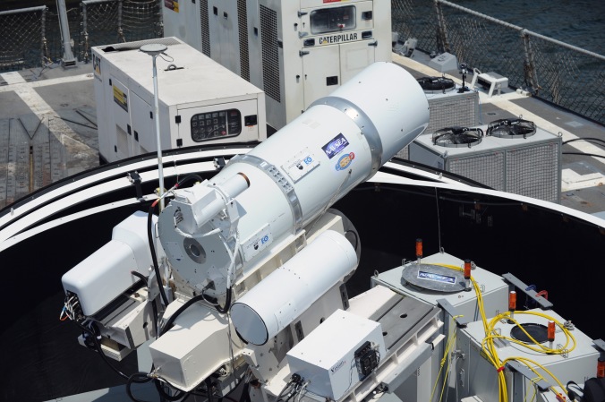Laser Weapon System (LaWS) temporarily installed aboard the guided-missile destroyer USS Dewey